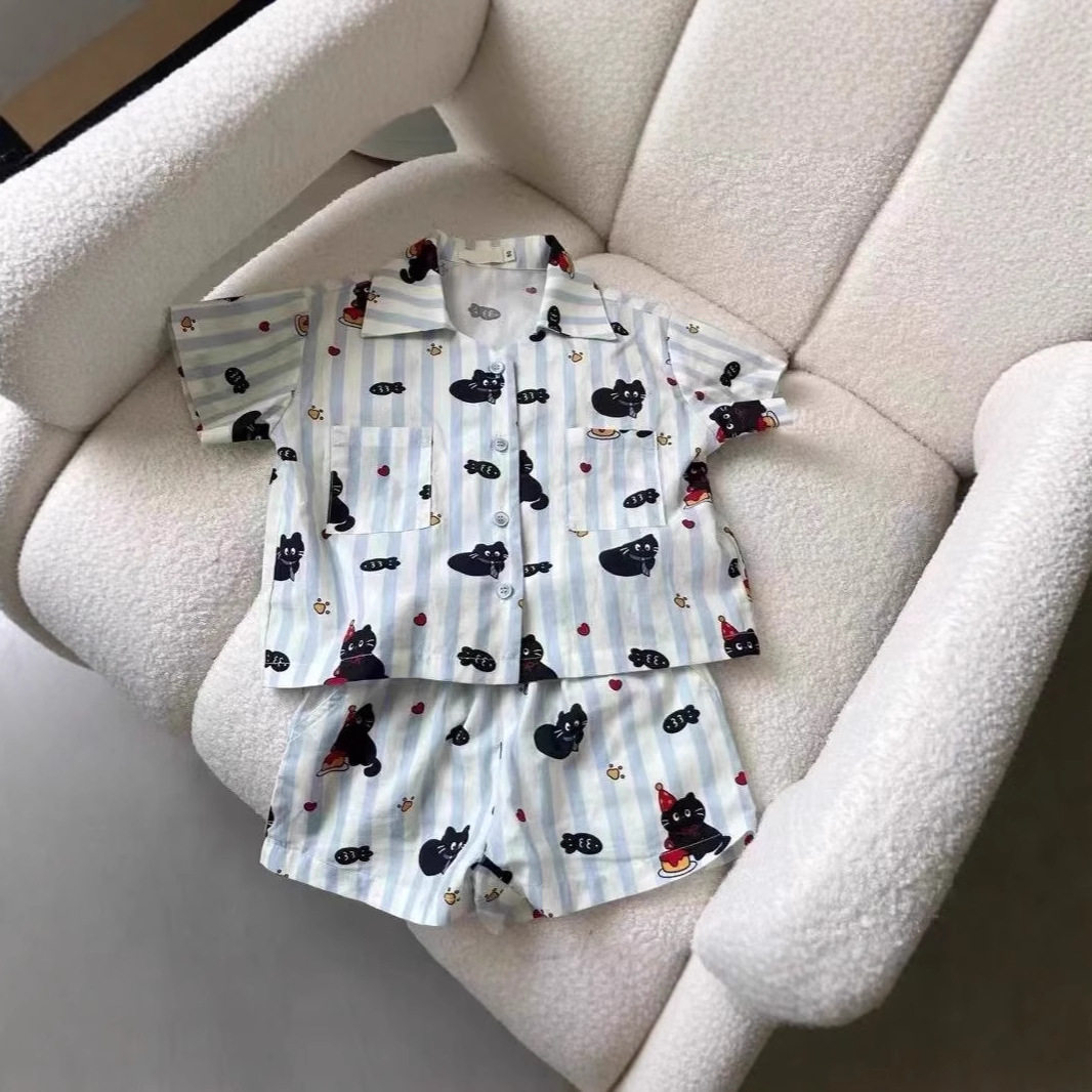 侘町2025新款条纹小黑猫儿童纯棉双层棉纱家居服外穿夏季睡衣套装