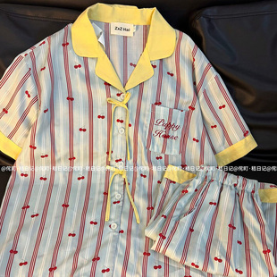 卡通可外穿家居服套装 侘町2025年新款 睡衣夏季 蓝黄樱桃字母短袖 裤