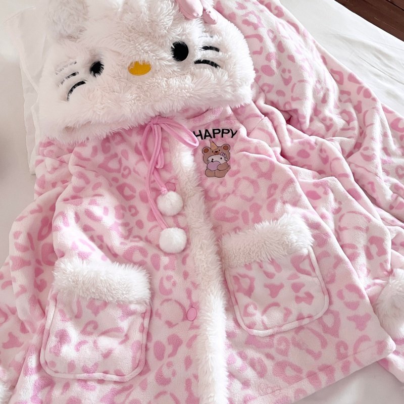 侘町豹纹小熊2025新款冬季法兰绒睡衣女秋冬加绒加厚可外穿家居服