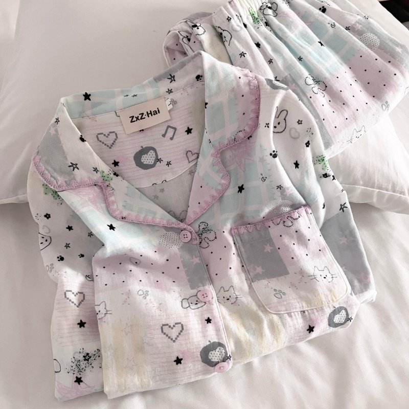 侘町睡衣女2025新款秋冬纯棉y2k手绘星星家居服开衫翻领休闲套装