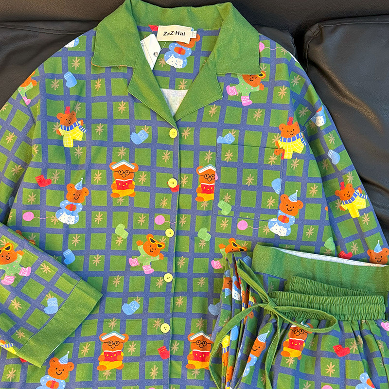 侘町2025年新款圣诞绿格纹小熊纯棉长袖睡衣女春秋季家居服秋款