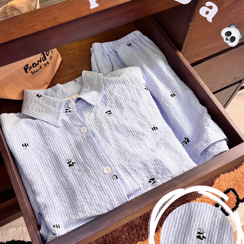 侘町2025新款条纹熊猫短袖短裤睡衣女夏季款可外穿卡通家居服夏季