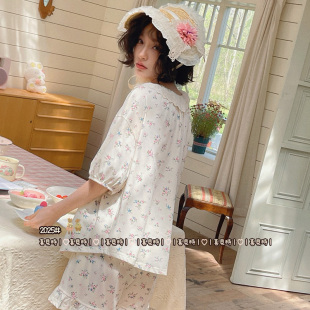 侘町2025年新款 女睡衣夏天可外穿家居服夏 米色花花蕾丝短袖 短裤