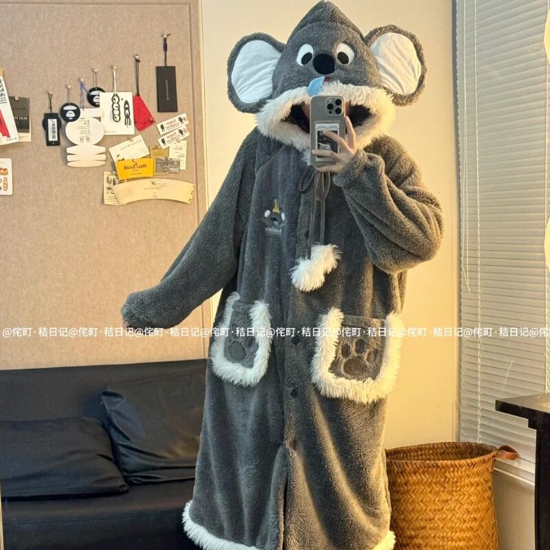 侘町2025新款睡衣女瞌睡考拉北美绒秋冬款可外穿睡袍家居服冬季女