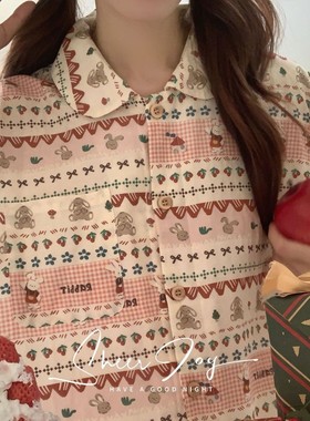 侘町2025新款圣诞节新年款纯棉双层纱睡衣女红色家居服卡通列套装