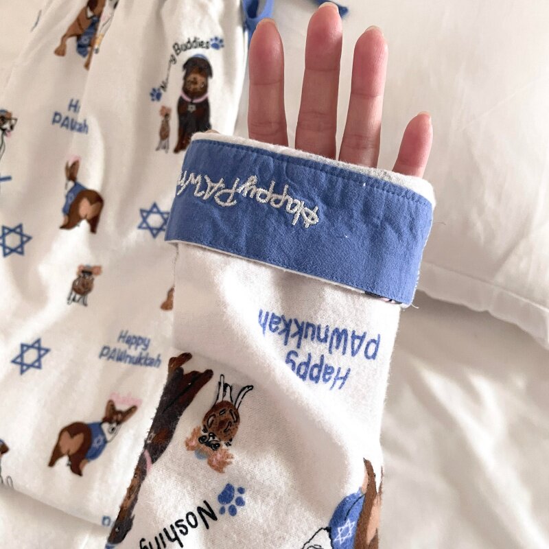 侘町睡衣女2025新款白底蓝色假日狗卡通纯棉长袖春秋款家居服套装