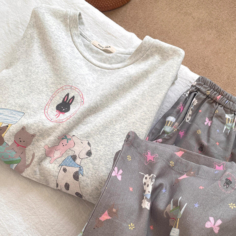 侘町2025新款一口兔兔灰色长袖睡衣女春秋款纯棉卡通家居服春季