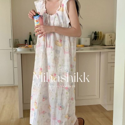 侘町2025新款纯棉双纱蛋糕音乐狗荷叶边睡裙女温柔舒适居家连衣裙