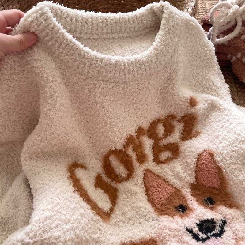 侘町柯基狗英文2025新款冬季半边绒间色裤圆领睡衣女可外穿家居服