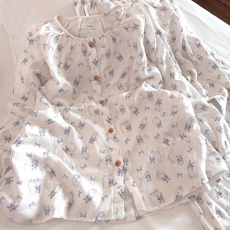 侘町睡衣女2025年家居服新款双层纱长袖猫咪puggy春秋款纯棉套装