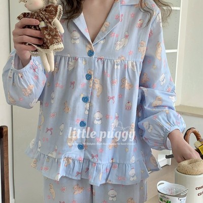 侘町20025新款韩版全棉双层纱猫咪春秋季睡衣甜美柔软家居服套装