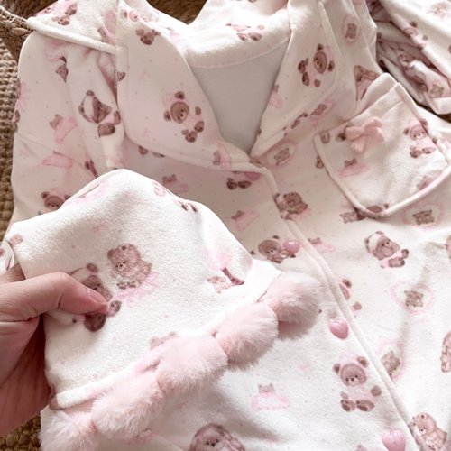 侘町粉色小熊2025年新款海岛绒保暖开衫卡通睡衣套装女冬季家居服