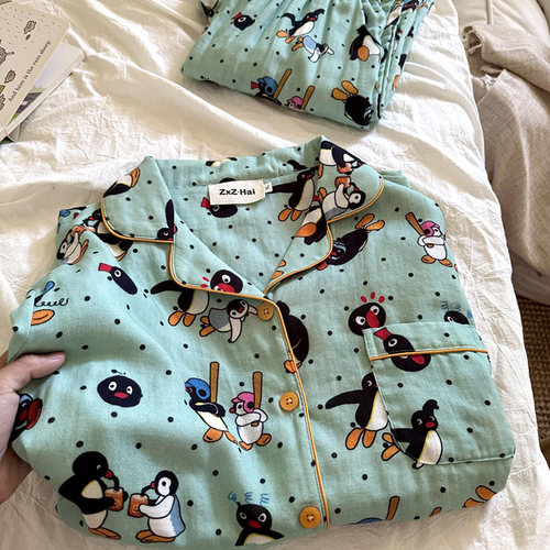 侘町2025新款pingu薄荷曼波长袖纯棉睡衣女春秋季家居服休闲套装