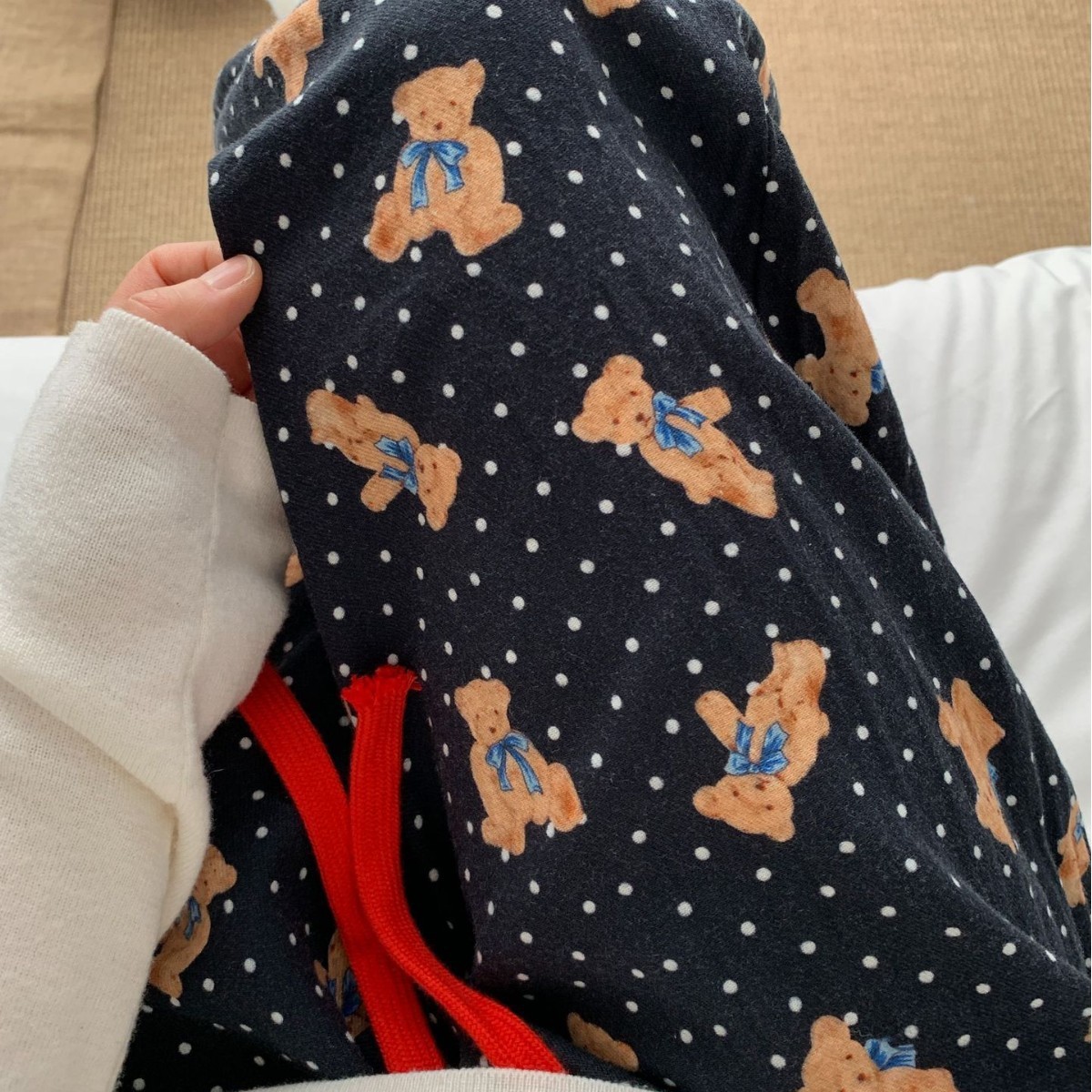 侘町2025新款黑底波点小熊全棉磨毛长裤卡通睡裤女可外穿居家长裤