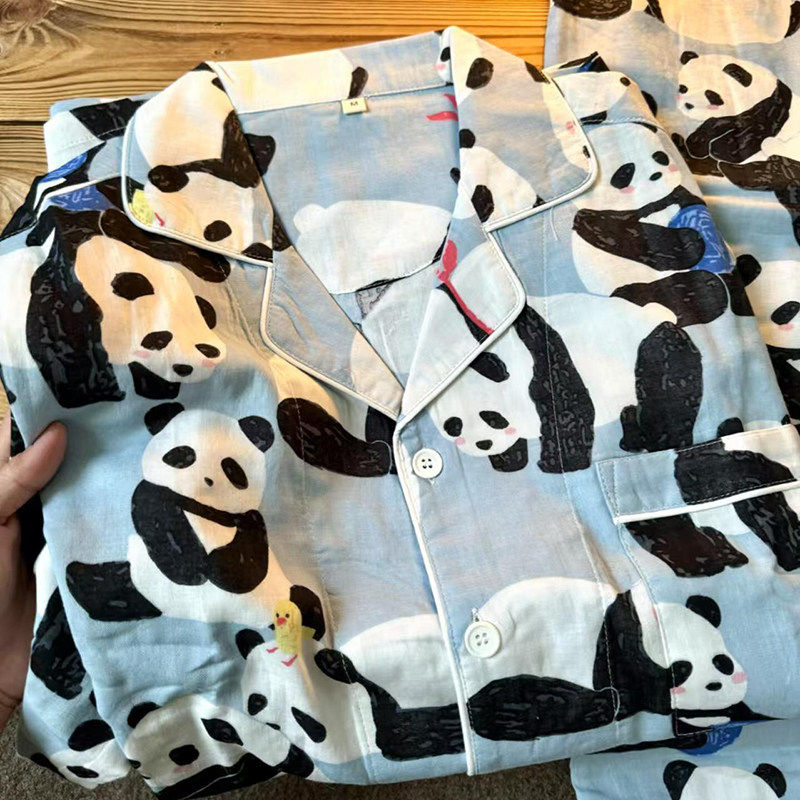 侘町2025年新款春秋纯棉情侣熊猫脑袋睡衣男简约家居服套装女春季
