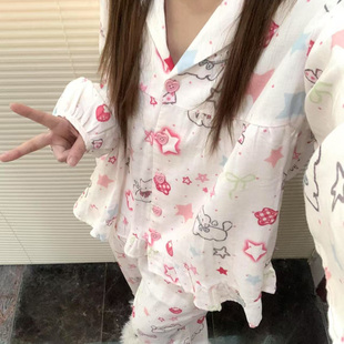 侘町2025年春夏季新款草莓星星猫韩版双层纱布花边长袖睡衣家居服