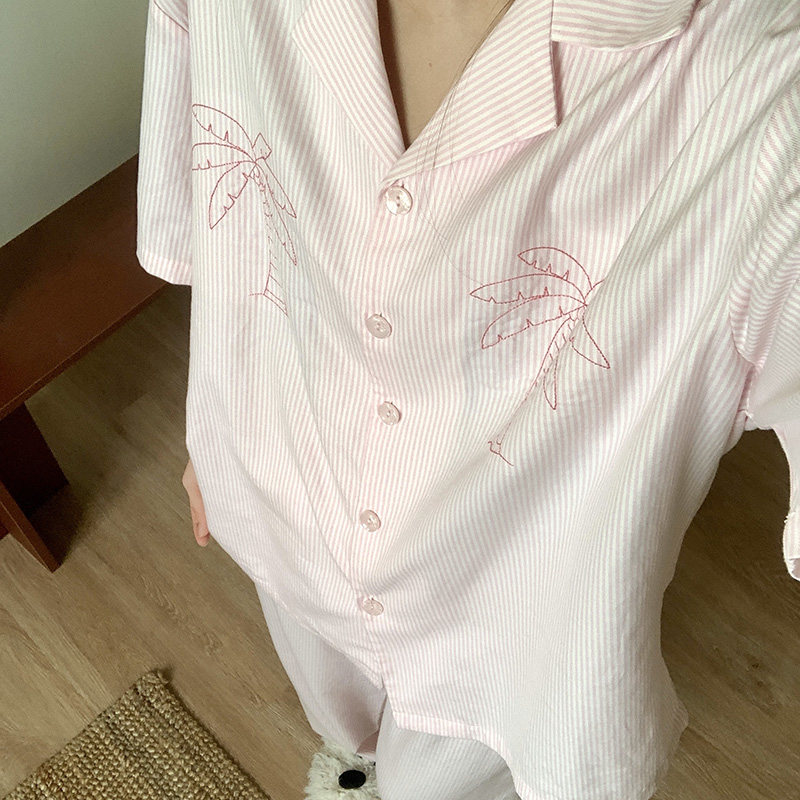 侘町2025新款粉条纹椰子树短袖睡衣女春夏季薄款度假风家居服套装