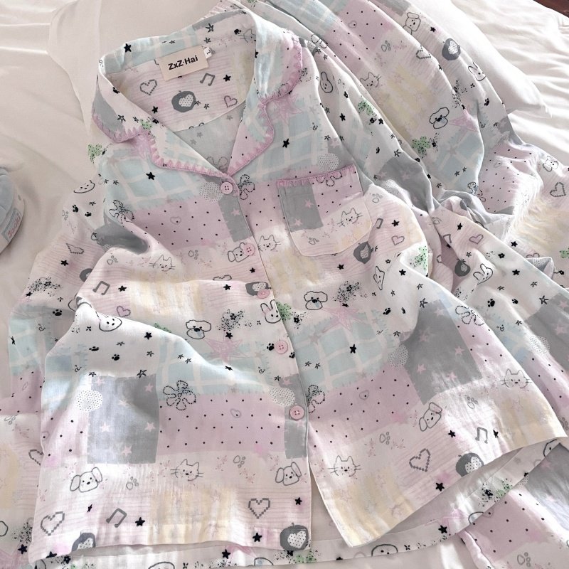 侘町y2k手绘星星2025新款睡衣女纯棉秋冬季开衫家居服可外穿套装