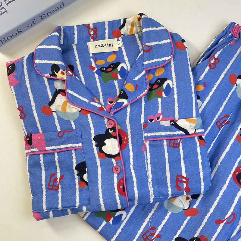 侘町2024新款音乐pingu纯棉长袖睡衣女卡通家居服套装春秋季秋款