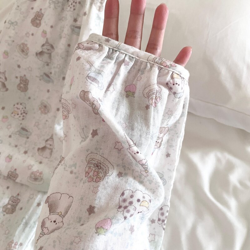 侘町睡衣女2025新款冬纯棉双层纱套装可外穿薄荷斑点狗卡通家居服