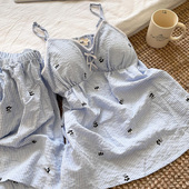 薄 卡通熊猫吊带家居服套装 侘町2025新款 带胸垫蓝白条纹睡衣女夏季