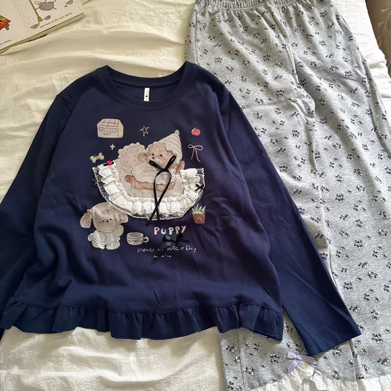 侘町2025年新款秋季宝蓝蕾丝小狗卡通长袖睡衣套装可外穿女家居服,女士内衣/男士内衣/家居服,睡衣/家居服套装,淘宝优惠券,粉丝福利购,淘宝优惠卷