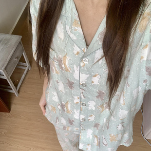 侘町2025新款 薄荷绿碎花软萌猫猫短袖 睡衣女可外穿夏季 家居服套装