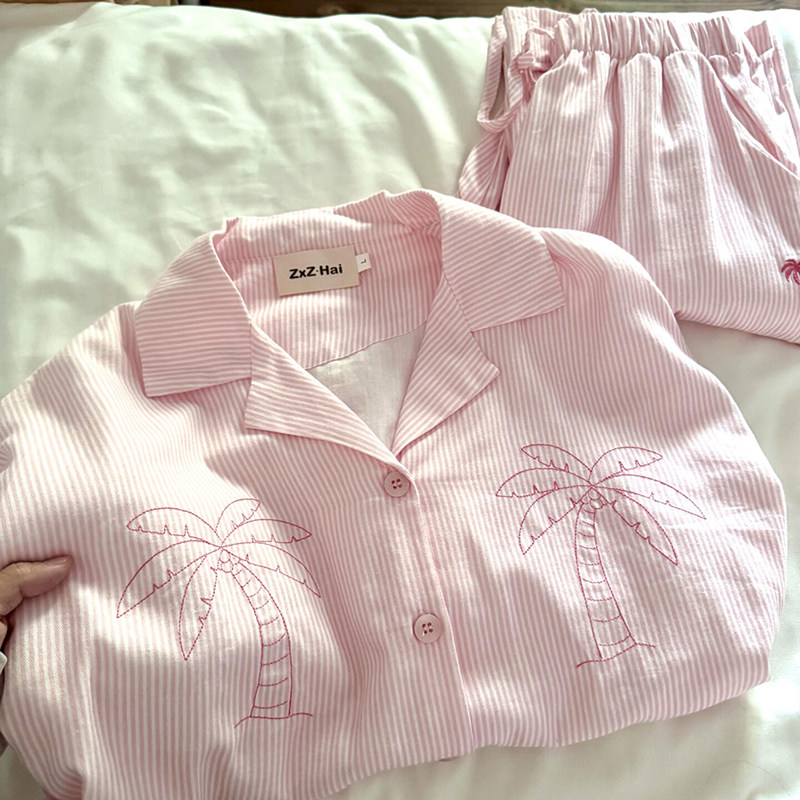 侘町睡衣女2025秋冬新款纯棉可外穿粉色条纹椰子树休闲翻领家居服