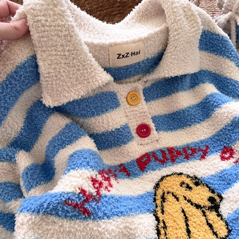 侘町蓝白条纹puppy2025冬季新款半边绒睡衣女保暖加厚家居服套装