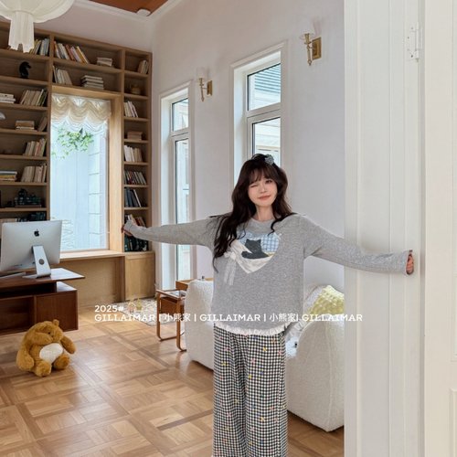 侘町午睡小猫2025新款春秋睡衣女休闲米妮棉华夫棉甜美家居服套装