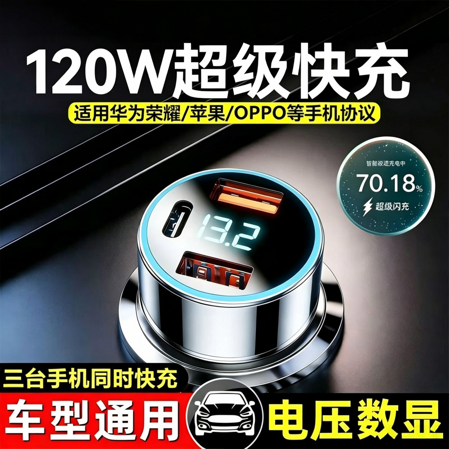 120W超级快充车载充电器数显汽车点烟器转换器通用华为OPPO苹果