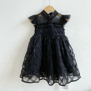 吾名堂品牌折扣女童连衣裙黑色公主裙儿童夏装宝宝蕾丝网纱蓬蓬裙