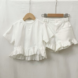 吾名堂品牌折扣女童夏装休闲百搭短袖T恤花边短袖上衣短裤白色