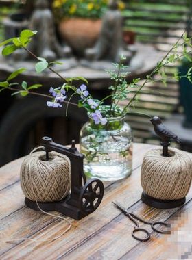 美式乡村铸铁麻绳架猫咪小鸟缝纫机装饰摆件复古杂货花铸铁线轴