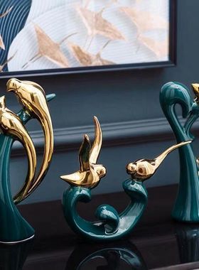 北欧轻奢孔雀绿陶瓷树枝爱情鸟装饰摆件酒柜电视机柜样板房摆设