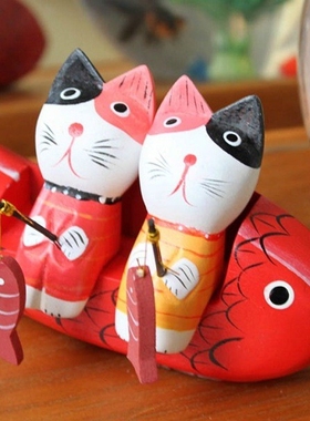 北欧原木巴厘岛手工雕刻木猫钓鱼猫 情侣家居工艺品摆设 动物摆件
