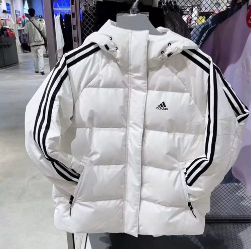 Adidas阿迪达斯羽绒服女装冬季三条纹连帽短款保暖运动外套IT8721