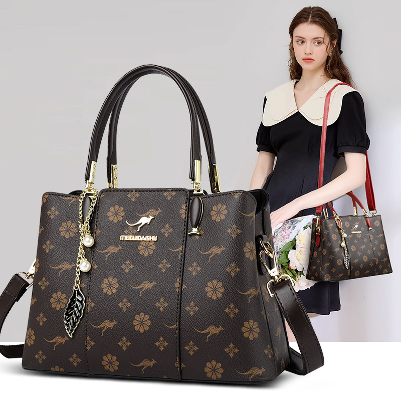 品牌袋鼠真皮女士印花手提包包女2025新款气质中年妈妈包斜挎百搭