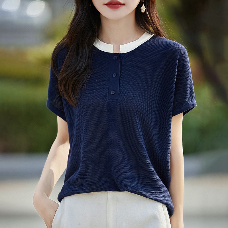夏季新款圓領(lǐng)拼色桂花針小飛袖針織短袖T恤女寬松休閑NS3192