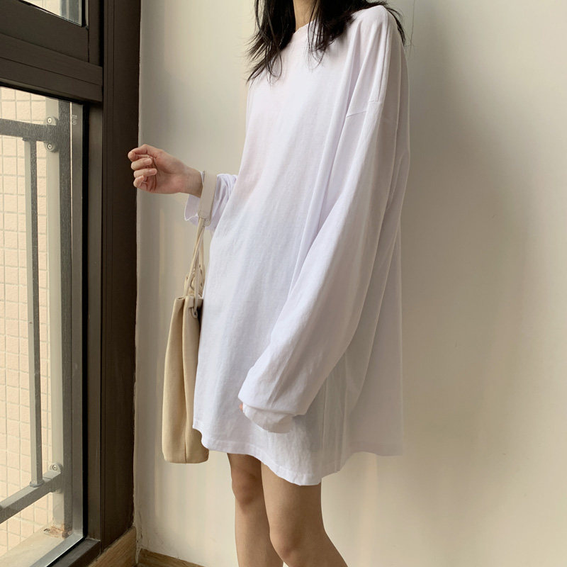 宽松大码白色长袖打底衫女韩版ins纯色t恤女春纯棉内搭中长款上衣