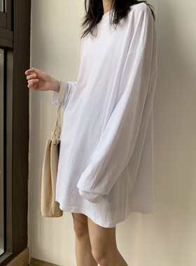 宽松大码白色长袖打底衫女韩版ins纯色t恤女春纯棉内搭中长款上衣