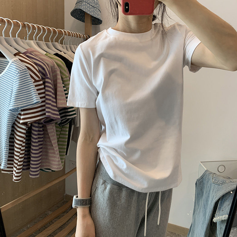 棉质正肩短袖T恤女夏休闲百搭修身上衣体恤白色显瘦基础款打底衫