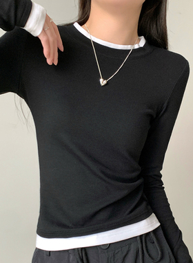 韩版圆领撞色拼接假两件正肩T恤女百搭修身长袖打底衫洋气小上衣
