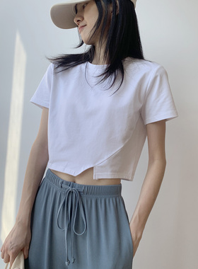 白色短袖t恤女短款2023夏季新款修身棉质高腰露脐体恤打底衫上衣