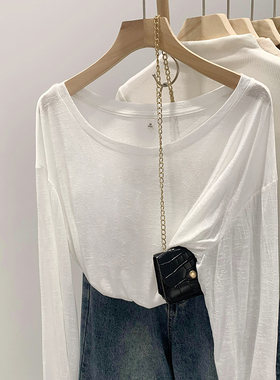 韩系薄款微透慵懒松弛感纯欲辣妹白色防晒打底罩衫T恤女早秋上衣