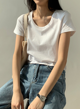 白色t恤女短袖圆领2024年春夏新款纯白上衣半袖棉质修身打底衫潮