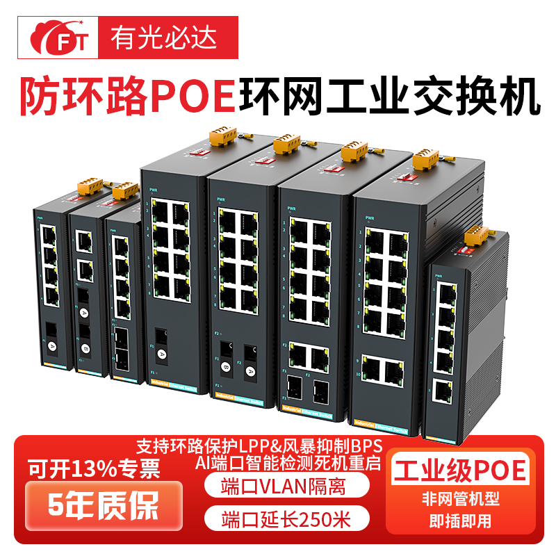 FT光必达 工业级POE交换机 AI智能环网交换机POE供电交换机监控专用导轨式网络交换器防雷高低温导轨式
