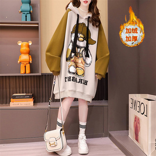 纯棉遮屁股上衣今年流行漂亮卫衣女秋冬新爆长厚款 加绒慵懒风衣服
