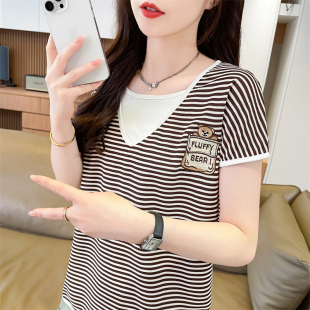 新爆款洋气夏装欧韩货潮高端时髦短袖T恤女独特漂亮大版条纹上衣