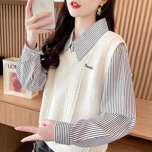 衬衫马甲假两件初高中学生卫衣女春秋天新爆薄款时尚条纹拼接上衣
